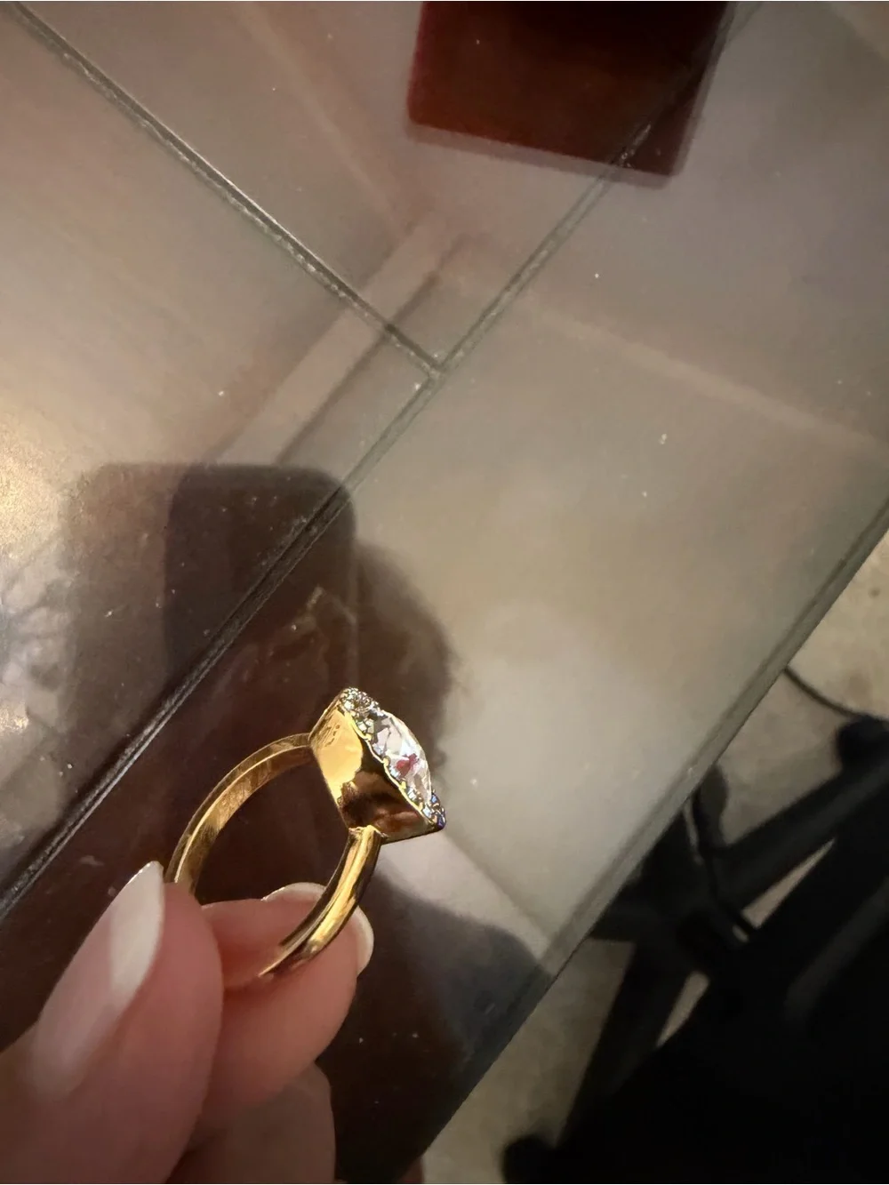 Kurt Geiger Gold Heart Ring with Clear Center and Blue Accents size 7 3/4